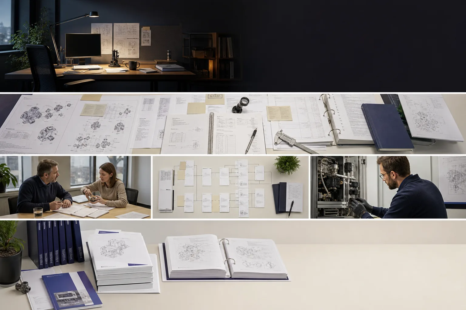 Technical writer reviewing organised product documentation at a large workspace
