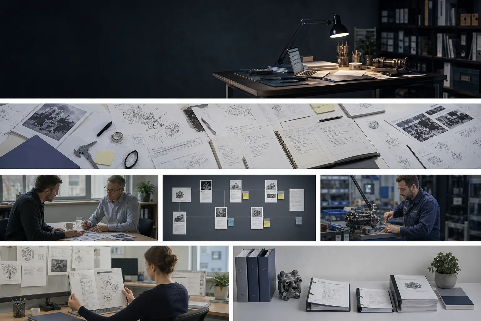 Wide editorial view of diagrams, notes and technical reference materials